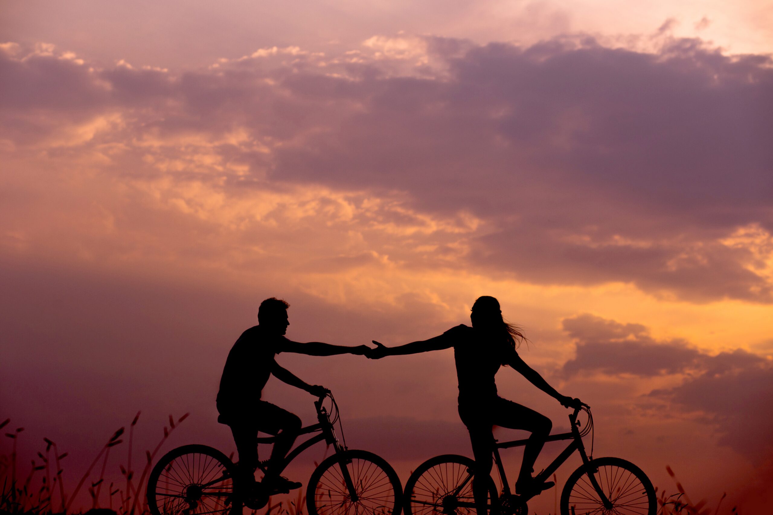A couple riding bikes in the sunset
