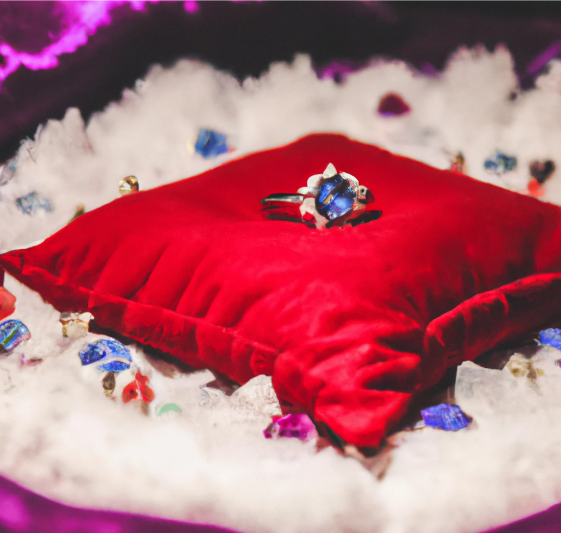 An engagement ring on a red cushion surrounded by birthstones